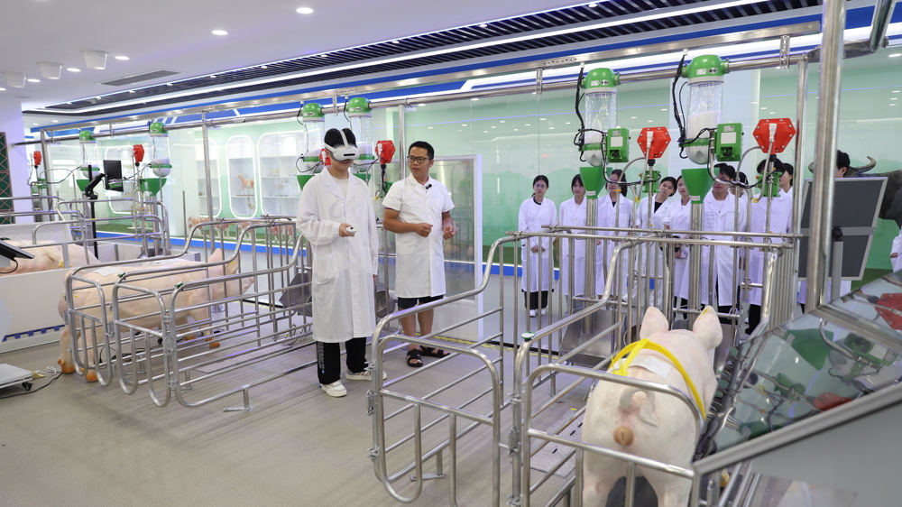 师生在集教学、实训、科研于一体的智能畜牧实训基地进行实训教学